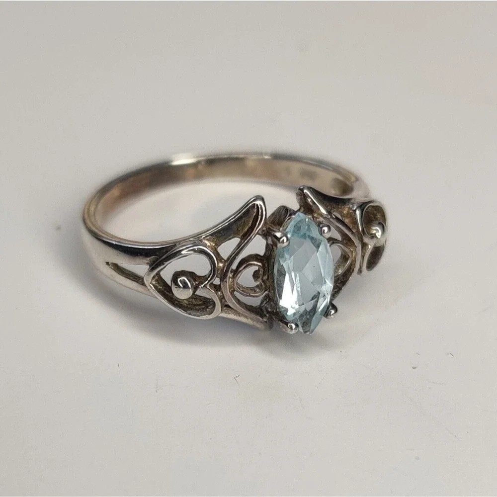 Sterling Silver 925 Blue Oval Topaz December Birthstone Ring Double Heart Size 7
